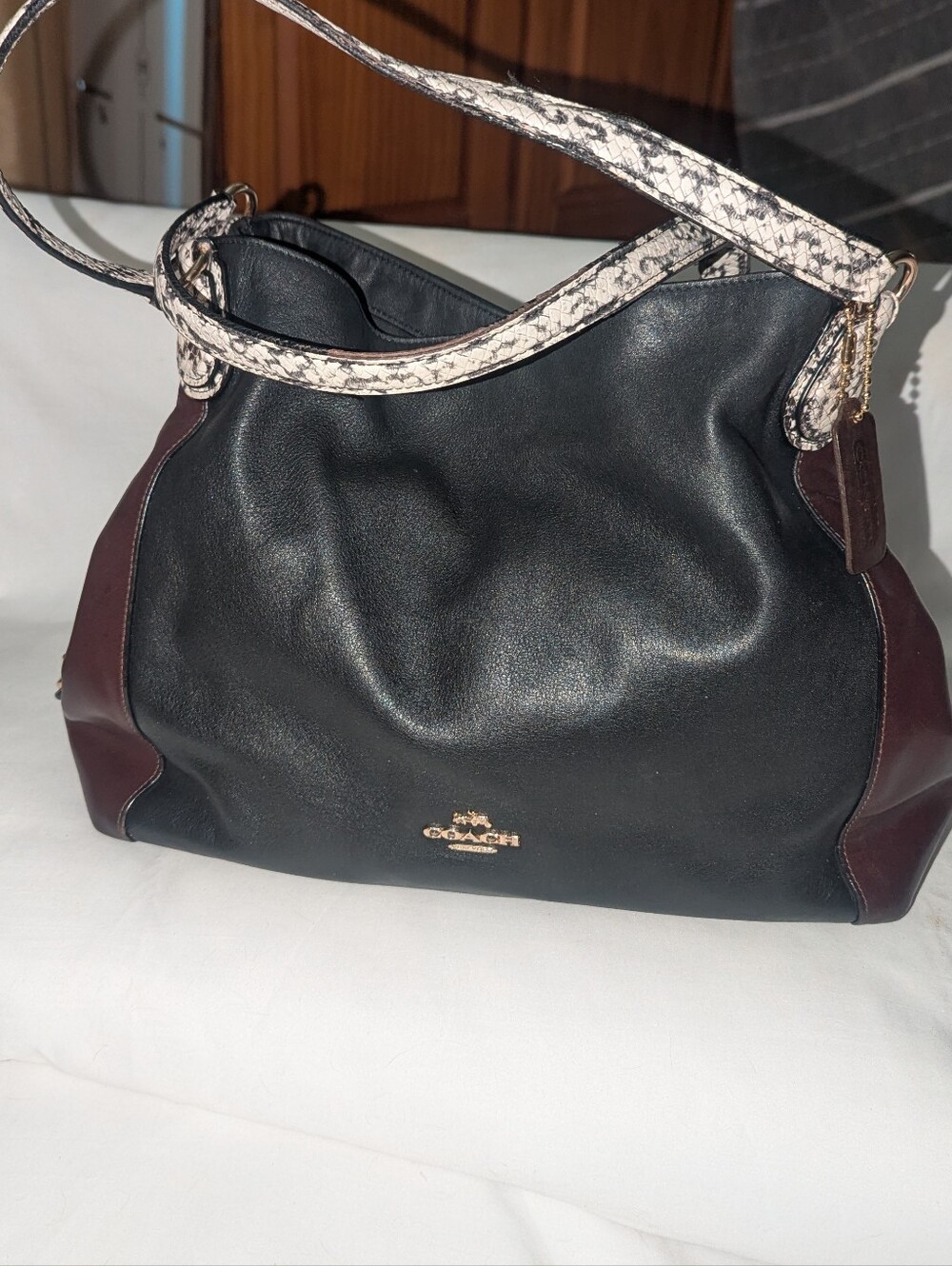 Coach Edie 31 Black and Cherry Leather Shoulder Bag And Snake-Print Straps 36551